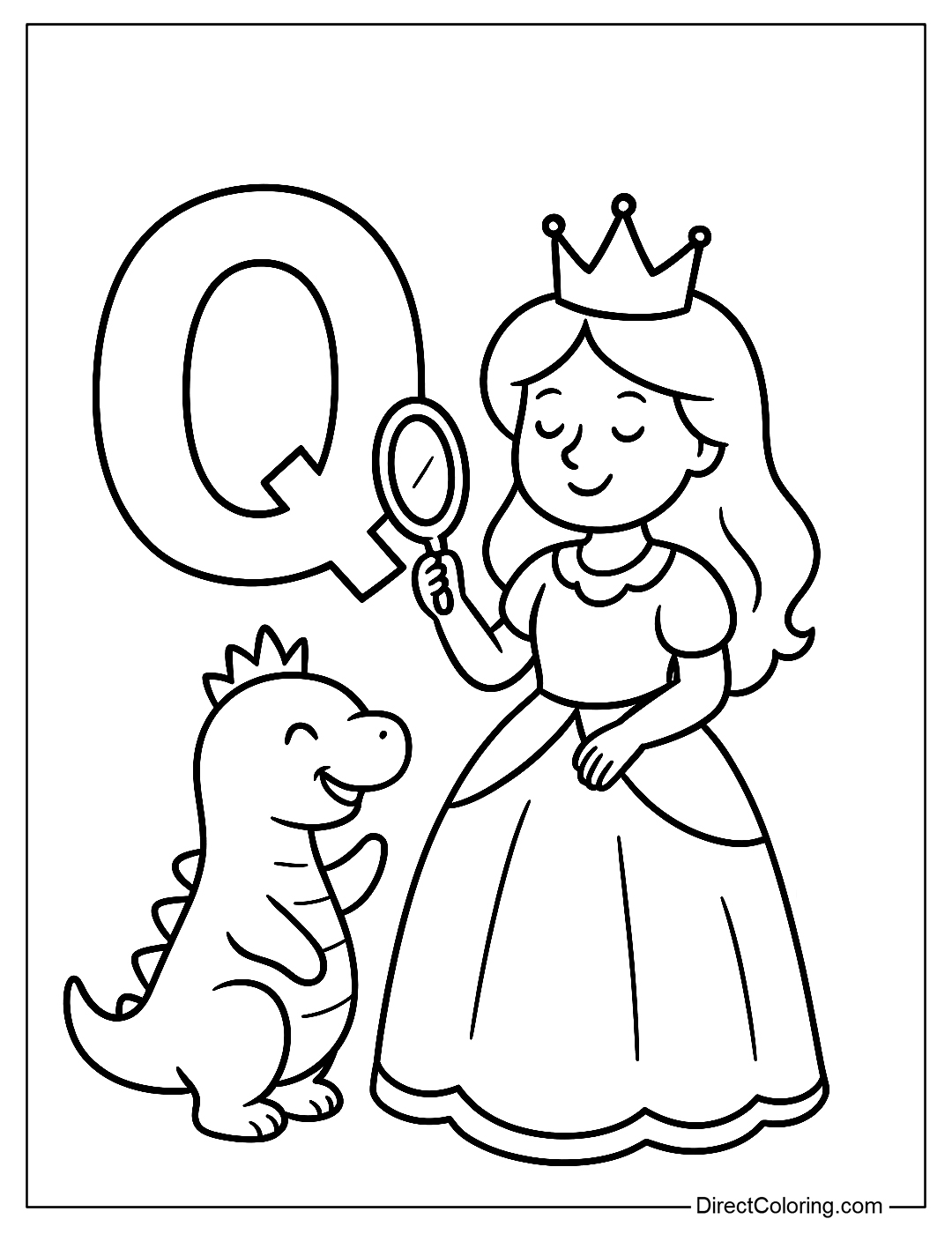 Coloring page of the letter Q and a queen wearing a crown, with a gorgeous dress and a mirror